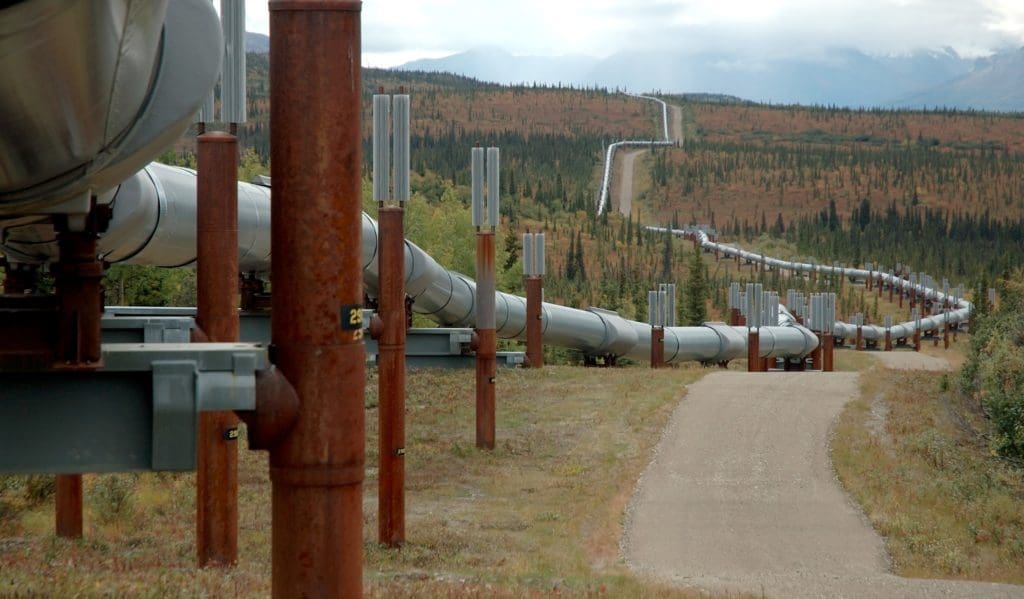 The Trans-Alaska Oil Pipeline, as it zig-zags across the landscape. Cold spray repair can be done in-situ. Image taken north of the Alaska Range.