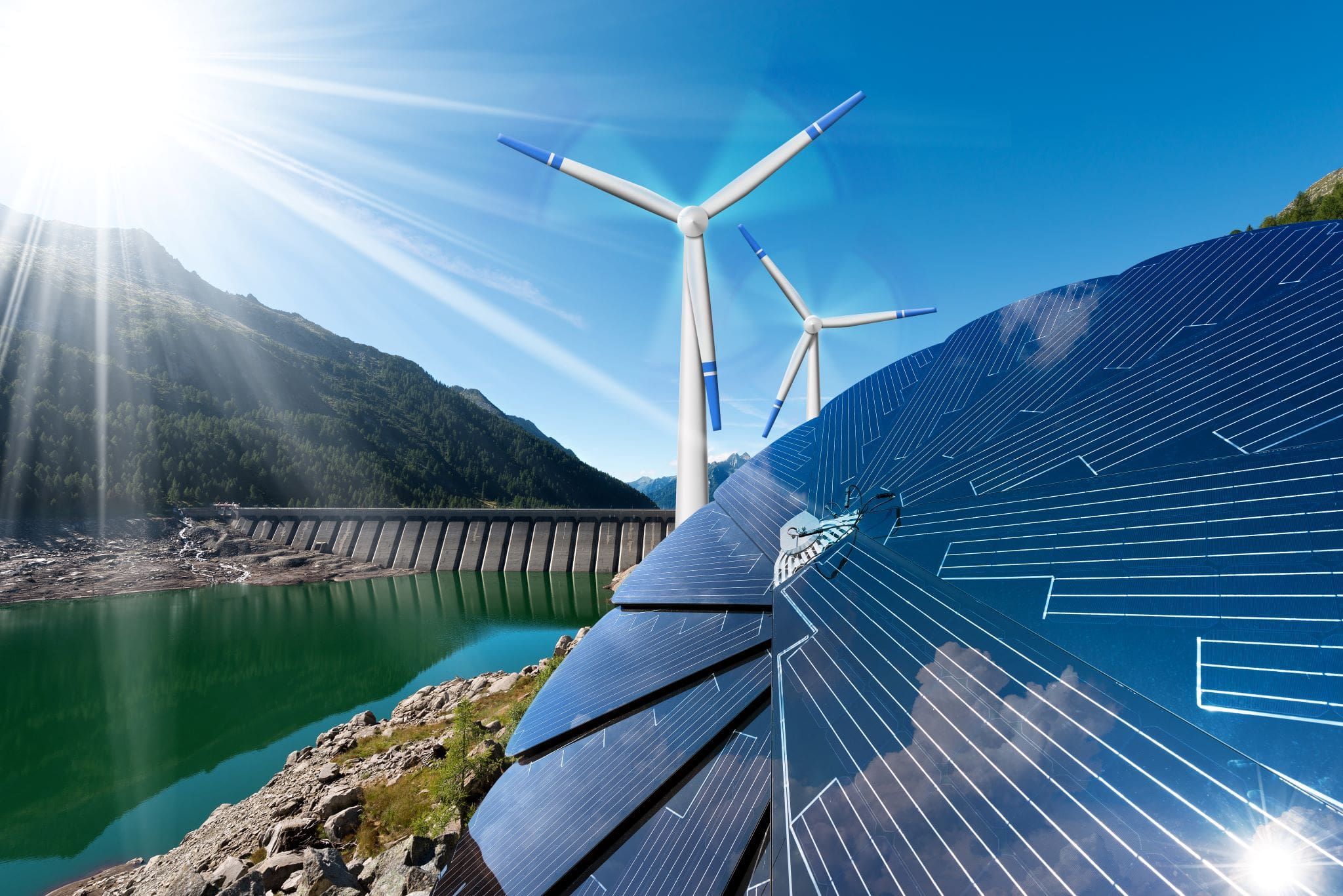 renewable energy sources - sunlight with solar panel, wind turbine, hydropower dam